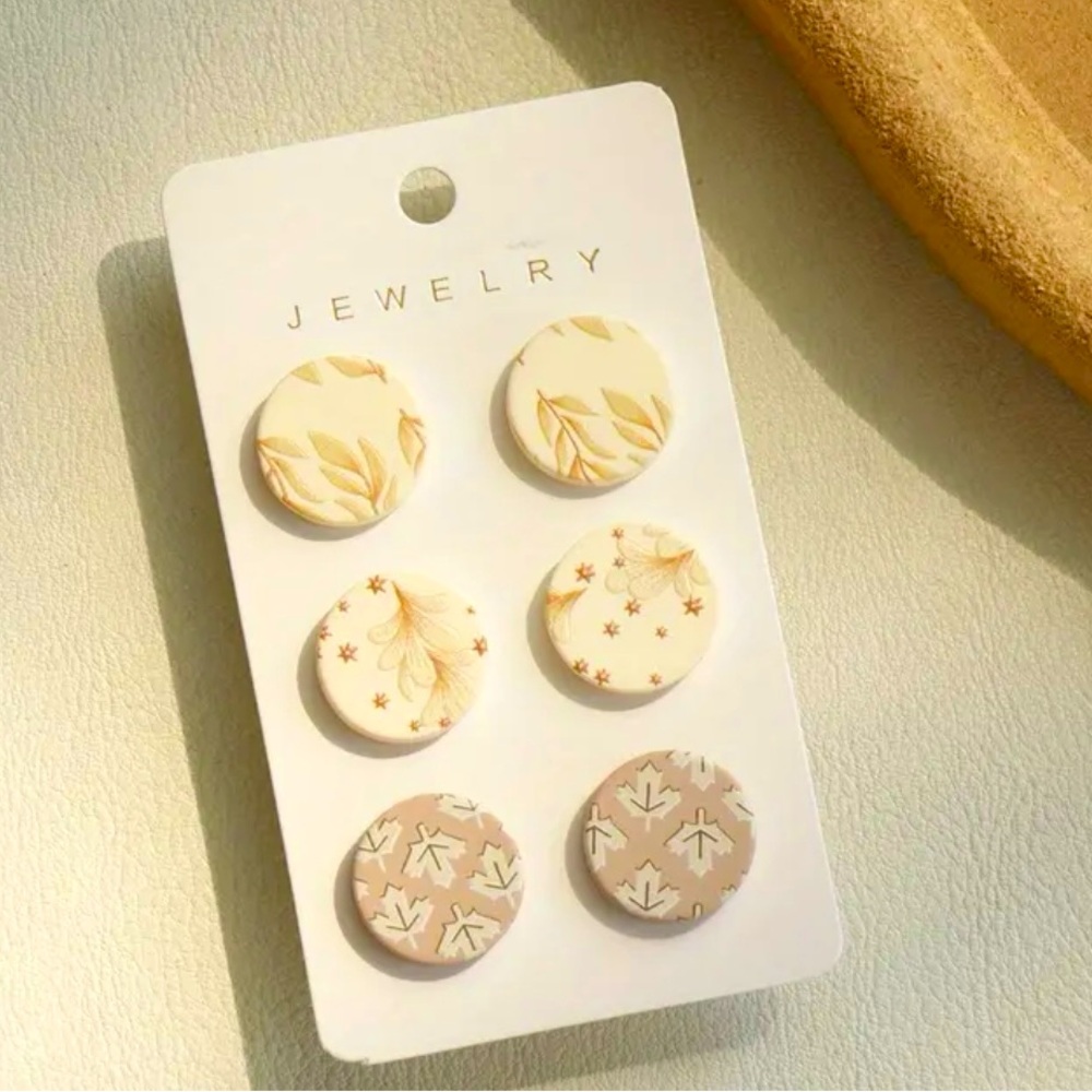 Set of 3 Acrylic Round Stud Earrings Maple Leaves Stalks Neutral Tones